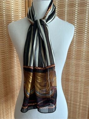 Vintage Liz Claiborne Striped Gold Crest Sheer Chiffon Scarf